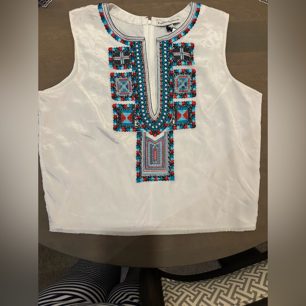 Embroidered White Women’s Sleeveless Top in Turquoise & Red